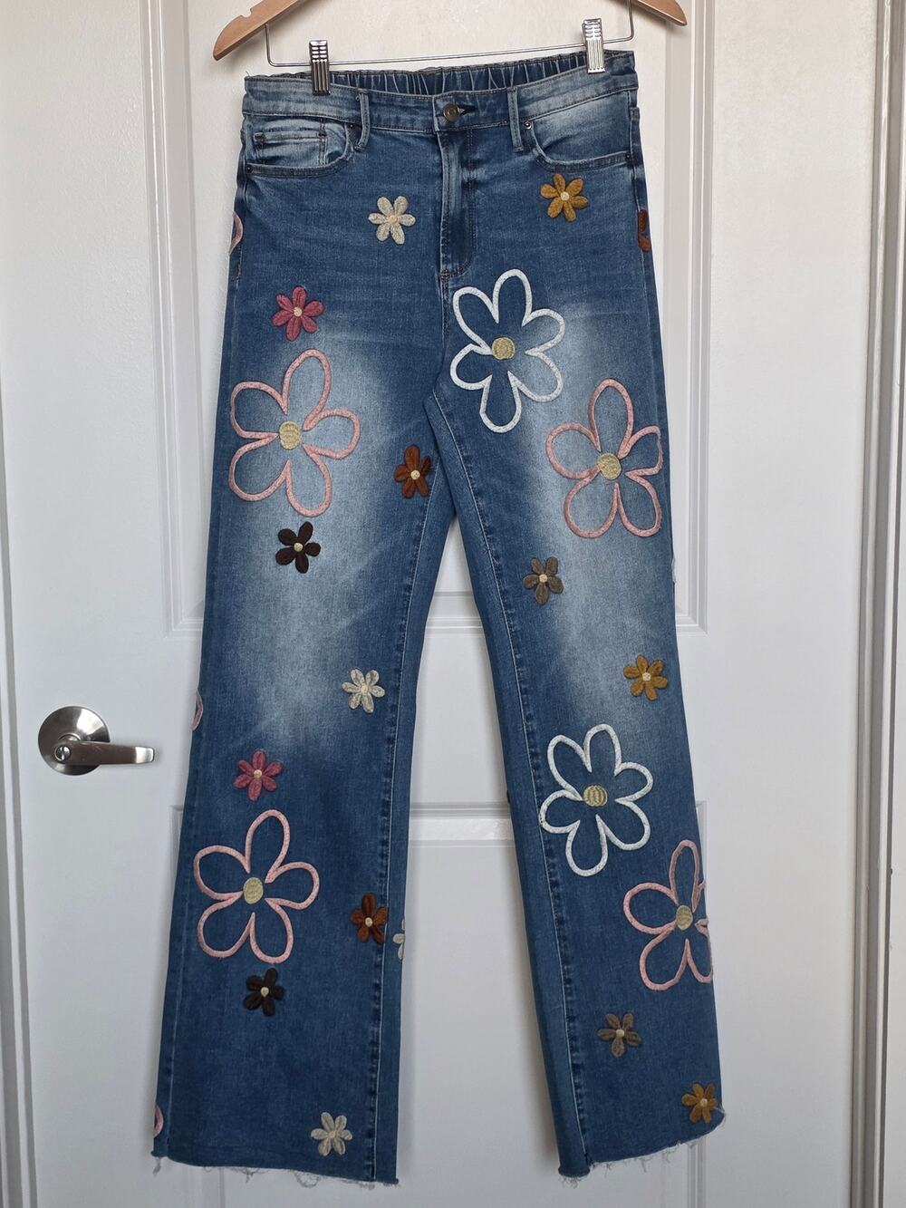 Oli & Hali Flower Power Floral Embroidered Jeans with Elastic Waist